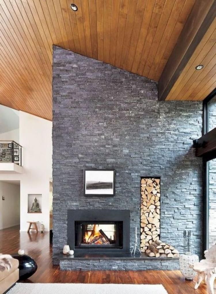 Design Mid Century Modern Living Room with Stone Wall Ideas