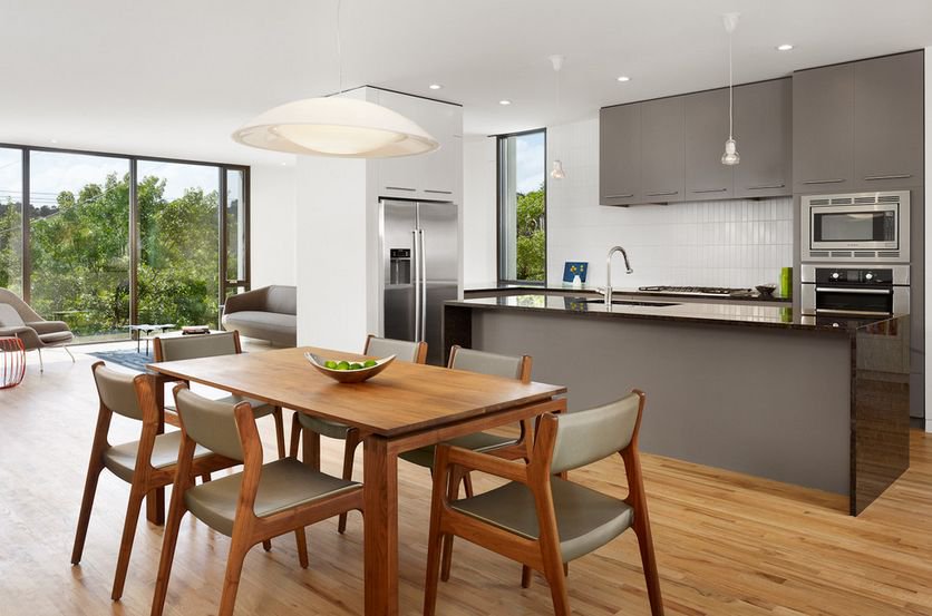 gray kitchen cabinets with white island