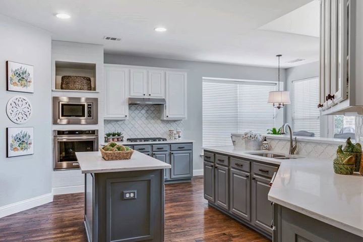 u shaped kitchen with gray cabinets