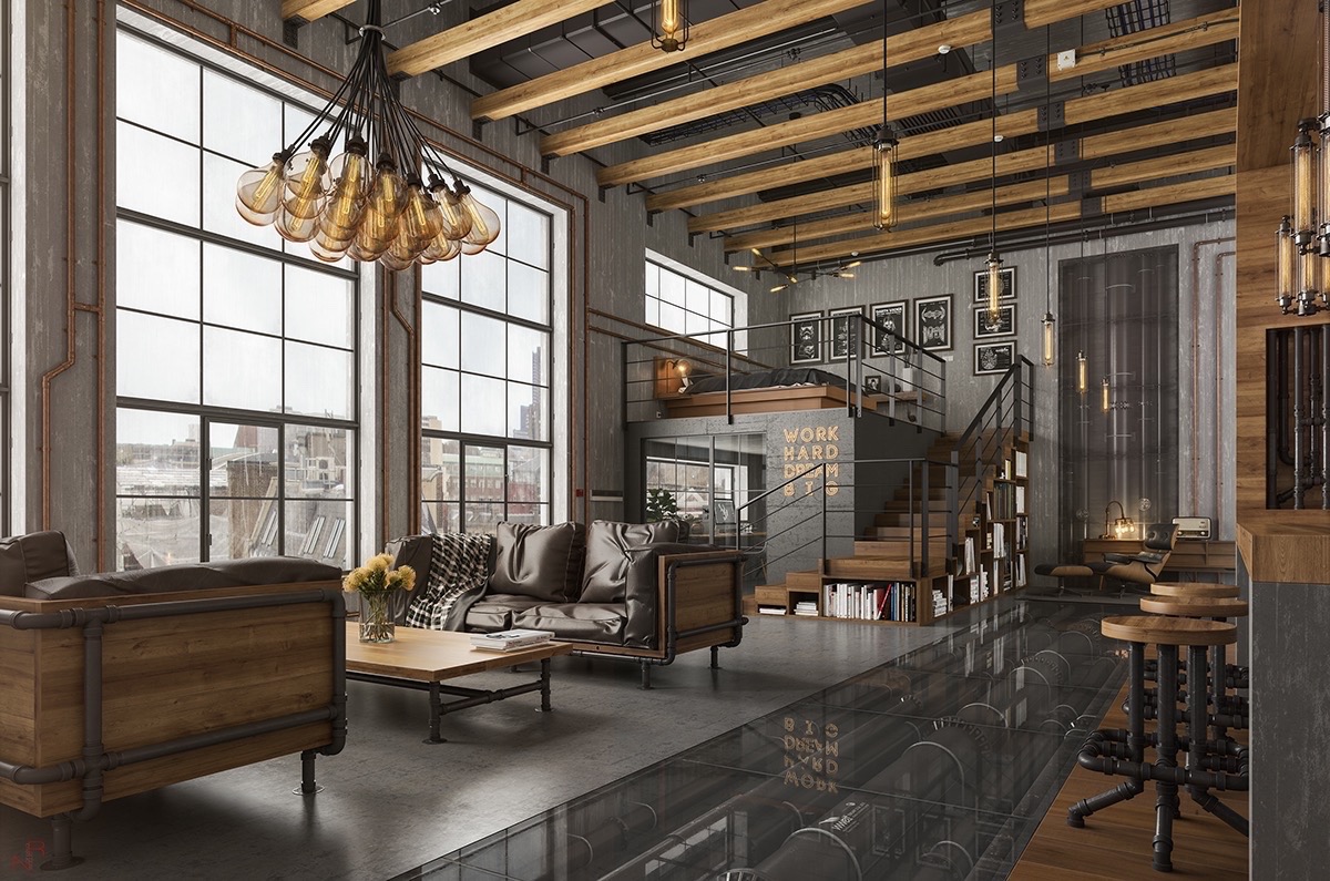 industrial kitchen living room