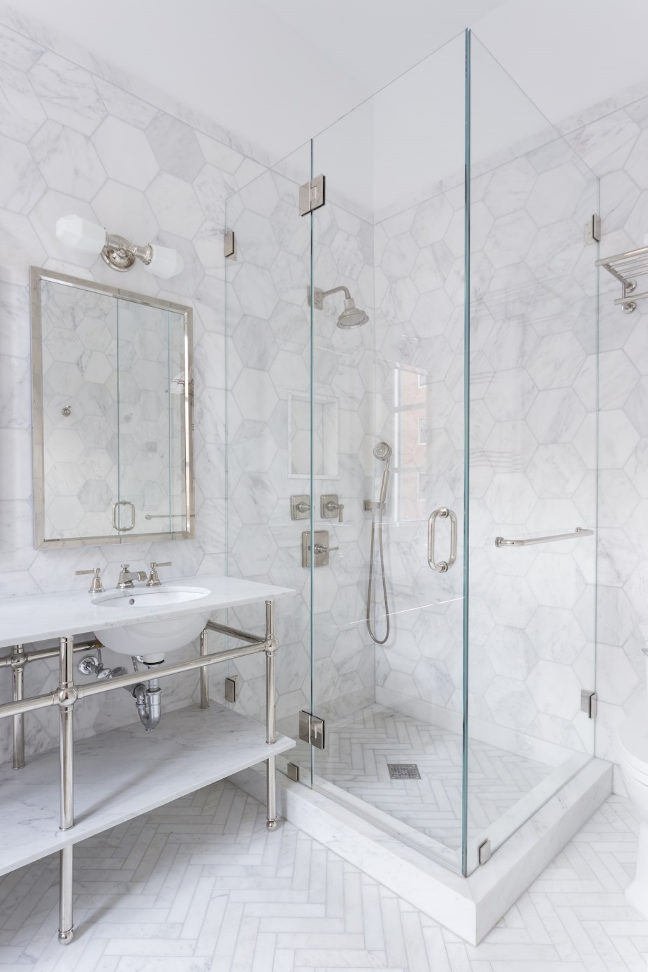 marble herringbone bathroom floor