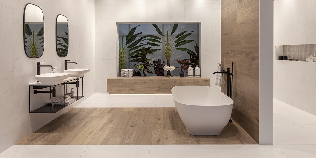 marble herringbone bathroom