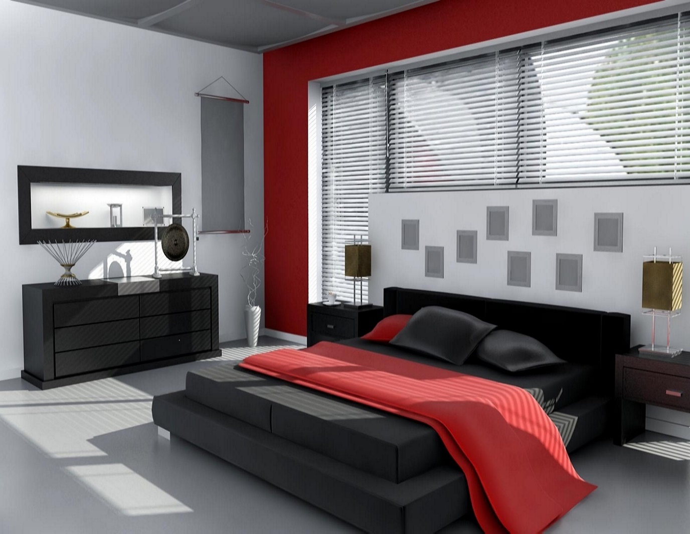Modern Eclectic Red And Charcoal Bedroom