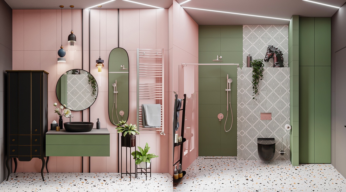 pink and green bathroom