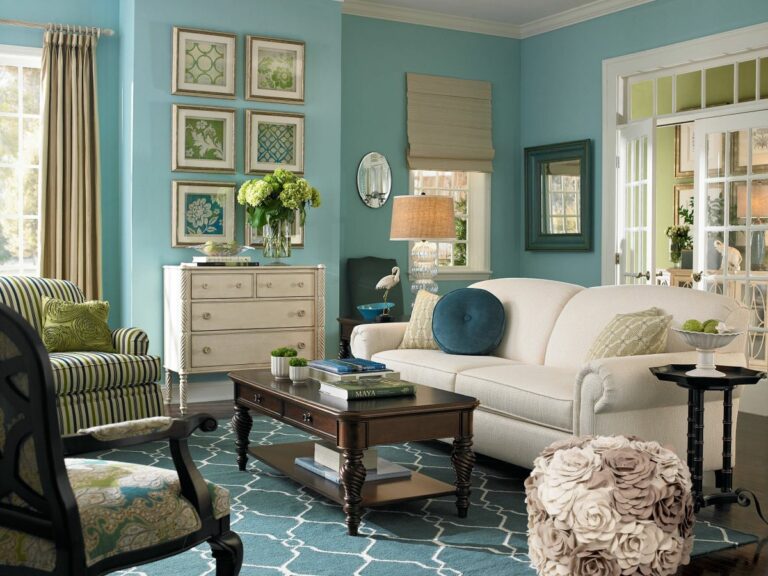 Teal Blue And Beige Living Room