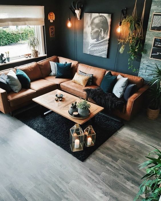 Brown Sofa in Dark Living Room