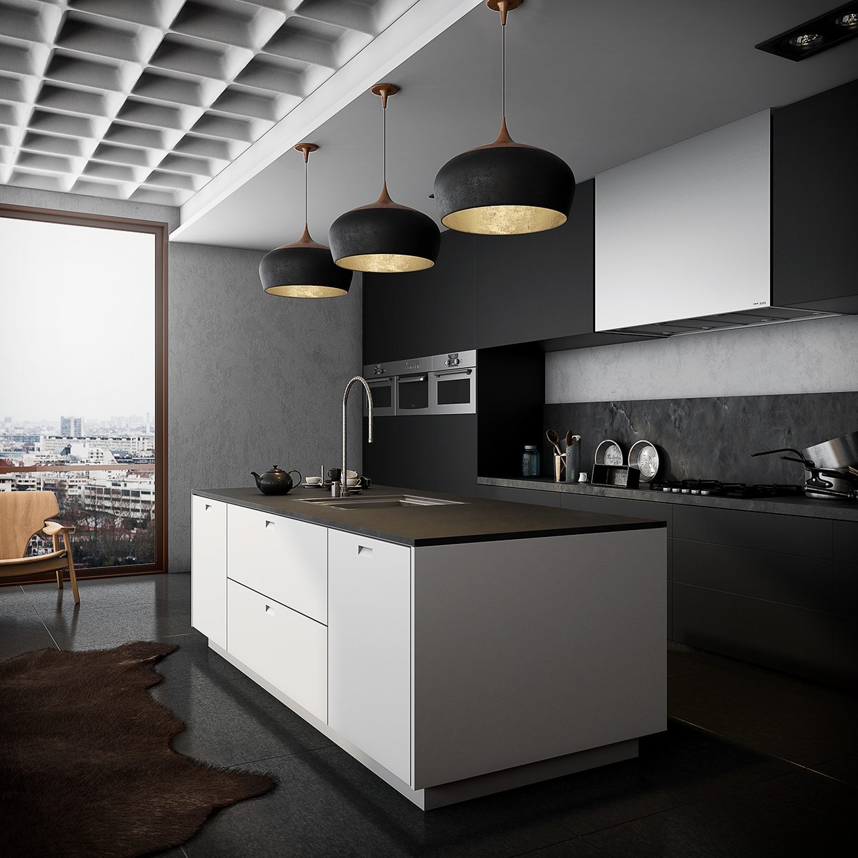 black kitchen with white island