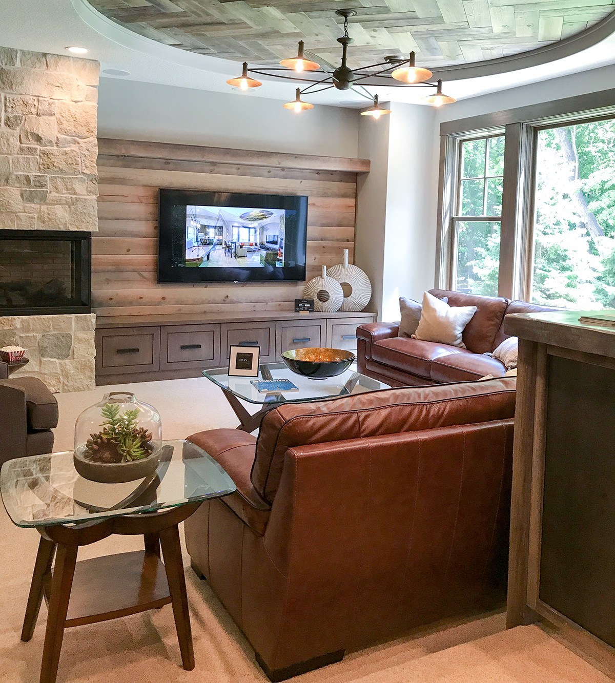 living room with glass fireplace