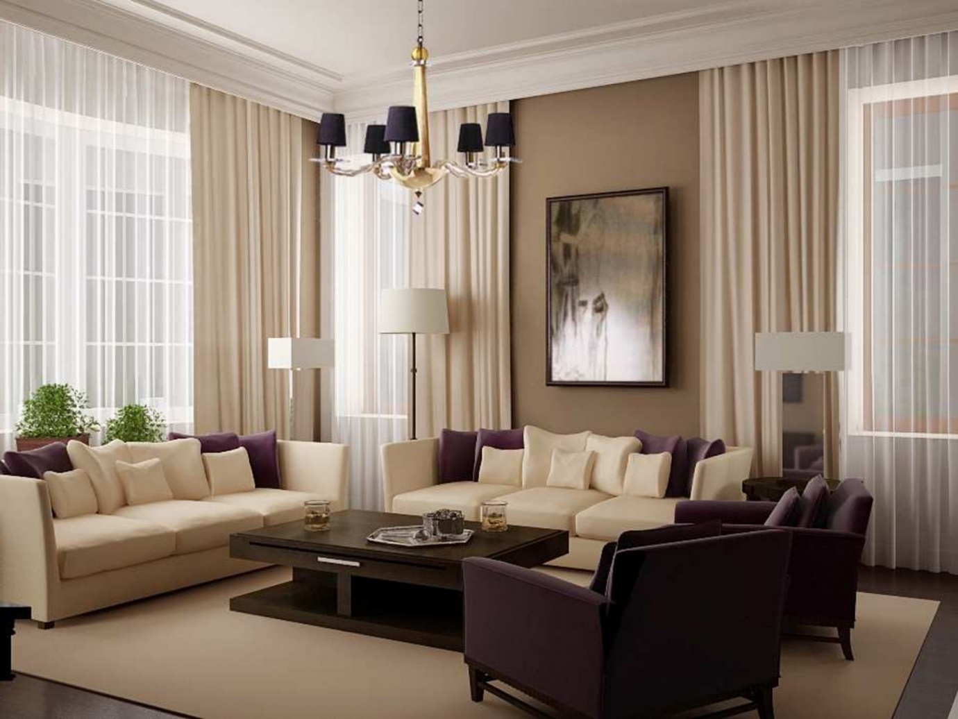 living room design brown curtain