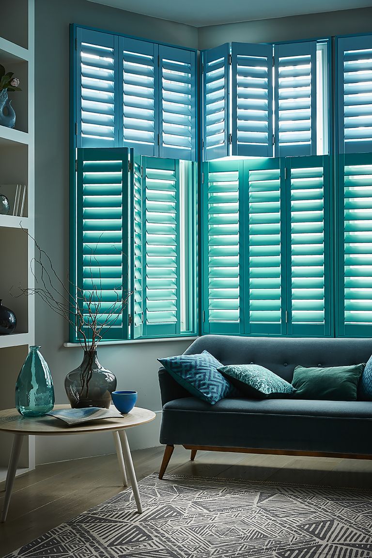 Living Room with Blue Shutters