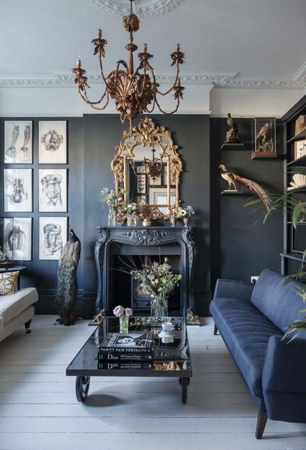 Dark Living Room with navy-blue 