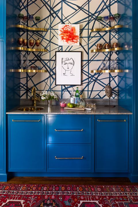 bar with classic blue cabinet