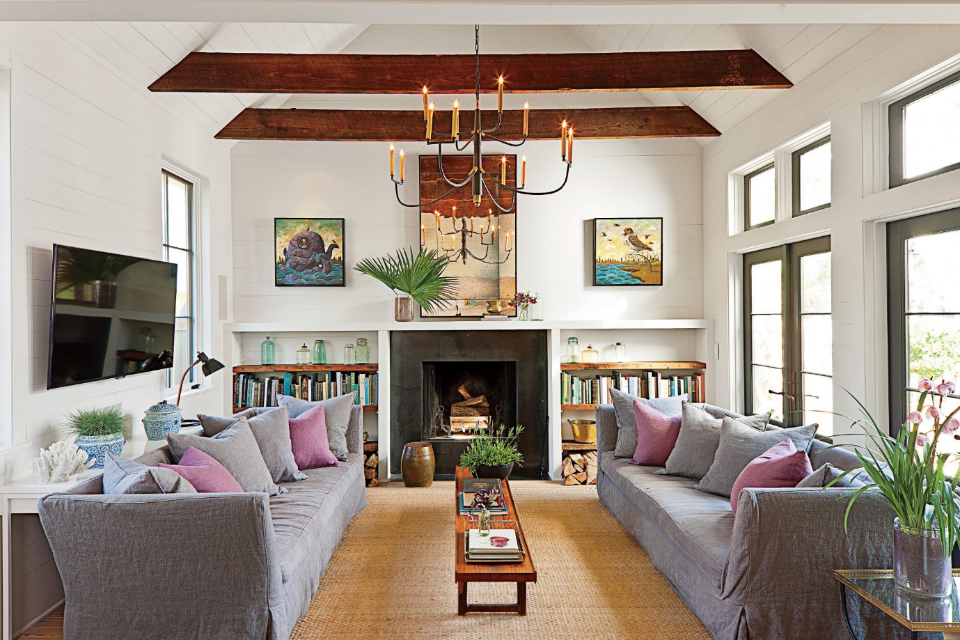 Long Narrow Living Room With Corner Fireplace