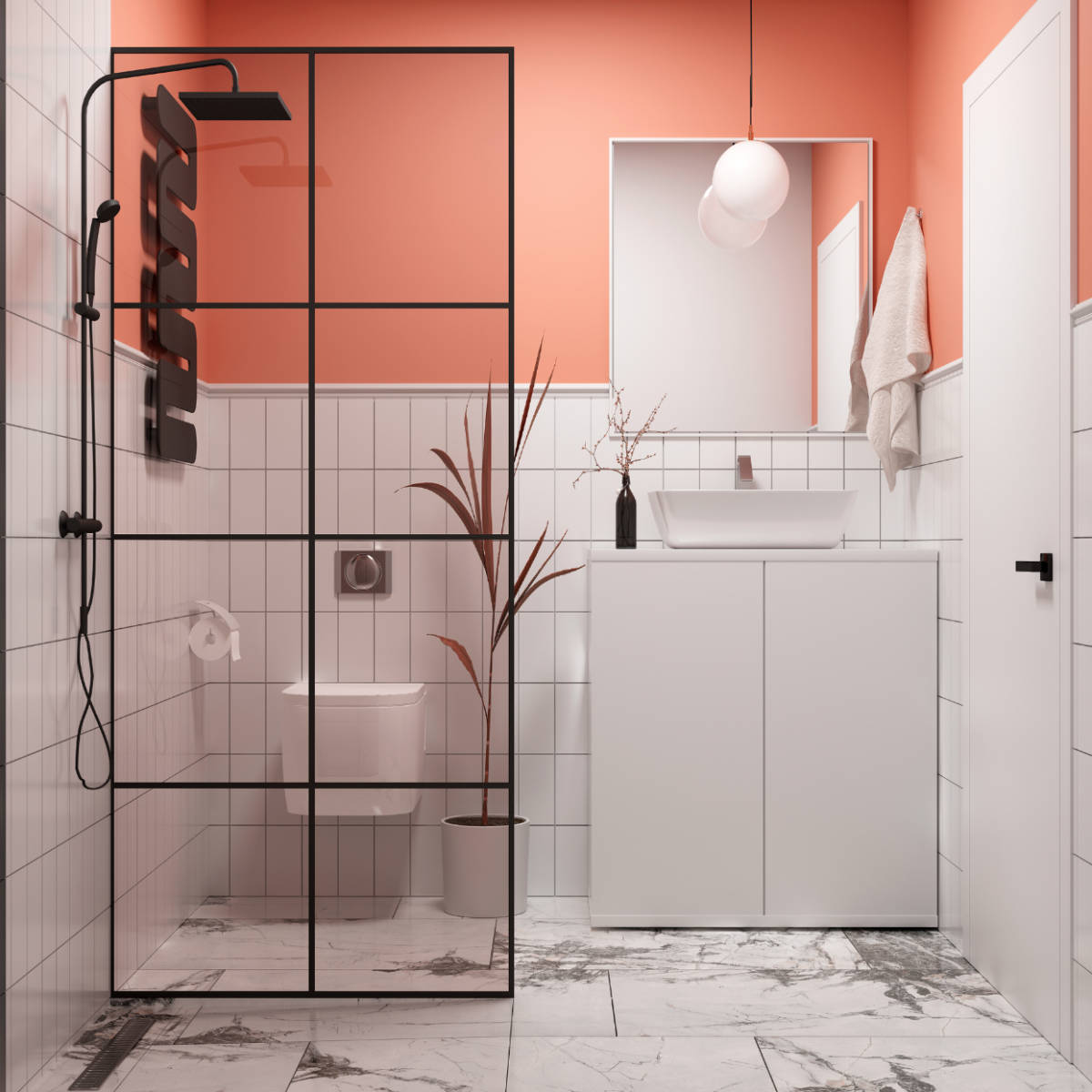 Bathroom with Bold Salmon Pink Wall