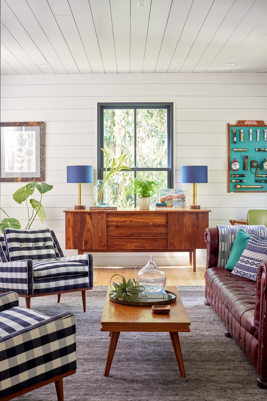 living room with a deep brown couch