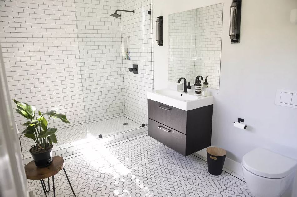 Industrial Bathroom with Hexagonal